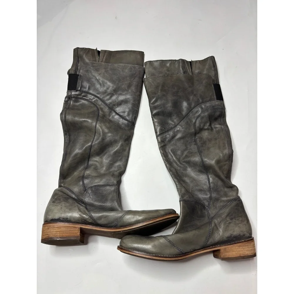 VTG Dusty Blue Leather Tall Patchwork Boots Hippie Boho Festival Women 9 EU 40